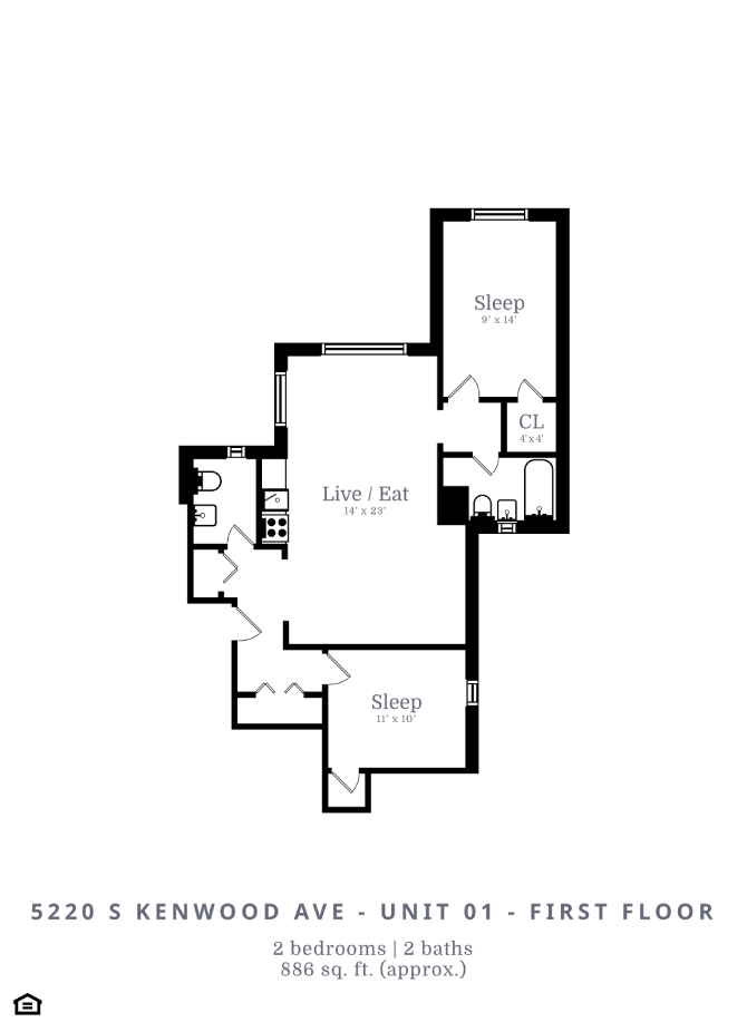 Floor plan for 2 beds, 2 baths, 886 sqft